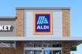 Aldi Food Market grocery store with blue sky in Hutchinson Kansas USA.