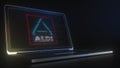 ALDI logo made with computer code on the laptop screen. Editorial conceptual 3d rendering Royalty Free Stock Photo
