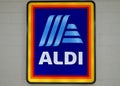 The Aldi logo on the wall of a shopping mall Royalty Free Stock Photo