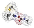 Aldicarb pesticide molecule. 3D rendering. Atoms are represented as spheres with conventional color coding: hydrogen white,.