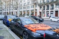 ALDWYCH, LONDON, ENGLAND- 6 December 2020: Car with a sign reading `NO FARMERS NO FOOD` at the Kisaan protest outside India Hous