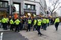 ALDWYCH, LONDON, ENGLAND- 6 December 2020: Police and protesters at the Kisaan protest outside India House