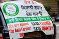 ALDWYCH, LONDON, ENGLAND- 6 December 2020: Protest banner on a car at the Kisaan protest outside India House