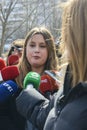 Alejandra Jacinto Uranga, member of the Podemos parliamentary group, being interviewed