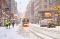 Aleksanterinkatu street during a strong snowstorm, Helsinki