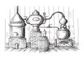 Alembic still for making alcohol inside distillery sketch Royalty Free Stock Photo