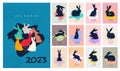 2023 ÃÂalendar design. Week starts on Sunday. Calendar design. 2023 with various brush stroke rabbits. Vertical A4. Abstract