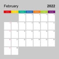 ÃÂ¡alendar page for February 2022, wall planner with colorful design. Week starts on Sunday