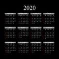ÃÂ¡alendar for 2020 year on black background. Vector EPS10.