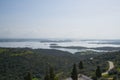 Alentejo drone aerial view of the landscape at sunset with alqueva dam reservoir, in Portugal