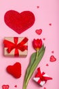 alentine's Day concept with gift boxes, flower and hearts on pink background. Flat lay.