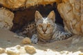 Alert African Wildcat Peering Out from a Desert Cave Hideout in Natural Habitat