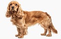An alert American Cocker Spaniel stands with a gaze full of curiosity, its golden coat shimmering against the white