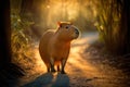 Alert Capybara walking on forest trail with gleaming fur, generative AI