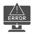 Alert on computer solid icon. Computer error vector illustration isolated on white. System error glyph style design