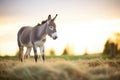 alert donkey standing by a hay bale on a farm