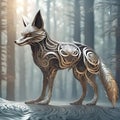 An alert four-legged fox wearing all-metal armor, with intricate detail, against an ethereal glowing forest