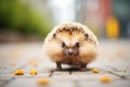 alert hedgehog starting to roll on garden soil