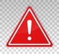 Alert icon. Attention warning in red triangle. White exclamation mark isolated on transparent background. Symbol safety. Beware si