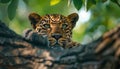 Alert leopard peering through tree leaves, perfectly camouflaged within its natural habitat.