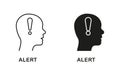 Alert Line and Silhouette Icon Set. Human Head with Exclamation Mark. Warning Sign Pictogram. Danger Hazard Message