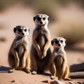 An alert meerkat family posing together for a group portrait in the African desert1 Royalty Free Stock Photo