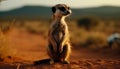 Alert meerkat sitting in the wilderness, watching sunset with focus generated by AI