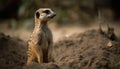 The alert meerkat, standing in good posture, surveils the wilderness generated by AI