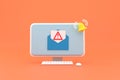 Alert message laptop notification. Danger error alerts, laptop virus problem or insecure messaging spam problems notifications