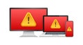 Alert message laptop notification. Danger error alerts, laptop virus problem or insecure messaging spam problems Royalty Free Stock Photo