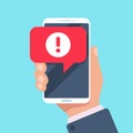 Alert message mobile notification. Danger error alerts, virus problem or spam notifications on phone screen vector illustration