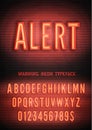 Alert night light box glow effect narrow font with numbers on brick wall background. Vector red warning neon alphabet