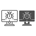 Alert notification on desktop line and glyph icon. Infected computer vector illustration isolated on white. Computer bug Royalty Free Stock Photo