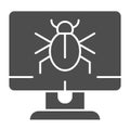 Alert notification on desktop solid icon. Infected computer vector illustration isolated on white. Computer bug on