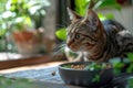 An alert tabby cat next to a bowl of food, surrounded by lush indoor greenery.