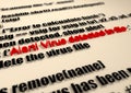 Alert. Virus detection text in computer abstract script code Royalty Free Stock Photo