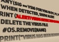 Alert. Virus detection text in computer abstract script code Royalty Free Stock Photo