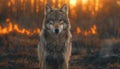 Alert wolf in a fiery forest setting Royalty Free Stock Photo
