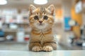 Alert young cat with amber eyes on a shiny countertop.