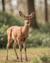 Alert Young Deer Standing in Sunlit Clearing with Perked Ears. Royalty Free Stock Photo