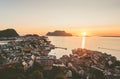 Alesund city in Norway sunset over ocean