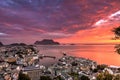 City Seascape with Aerial View of Alesund Center, Islands, Atlantic Ocean and Colorful Sky at Gorgeous Sunset Royalty Free Stock Photo