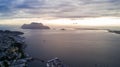 Alesund, Norway. Aerial view of Alesund, Norway at sunrise. Colorful sky over famous tourisitc destination with sunlight and Royalty Free Stock Photo