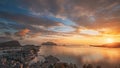 Alesund, Norway. Amazing Natural Bright Sunset Dramatic Sky In Warm Colours Above Alesund Islands. Famous Norwegian Royalty Free Stock Photo