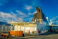 ALESUND, NORWAY - APRIL 09, 2018: Gorgeous outdoor view of Hurtigruten voyage in cruise along Norwegian coast