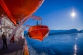 ALESUND, NORWAY - APRIL 04, 2018: Life boats on board of the MS Trollfjord, operated by the Norwegian shipping company