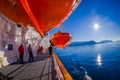 ALESUND, NORWAY - APRIL 04, 2018: Life boats on board of the MS Trollfjord, operated by the Norwegian shipping company