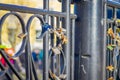 ALESUND, NORWAY, APRIL, 04, 2018: Outdoor view of dozens of padlocks of love on the bridge