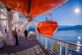 ALESUND, NORWAY - APRIL 04, 2018: Outdoor view of life boats on board of the MS Trollfjord, operated by the Norwegian