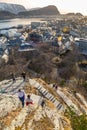 Alesund, Norway - April 13, 2018: People climbing stairs to the view point of beautiful Alesund town in Norway. Alesund is a town Royalty Free Stock Photo